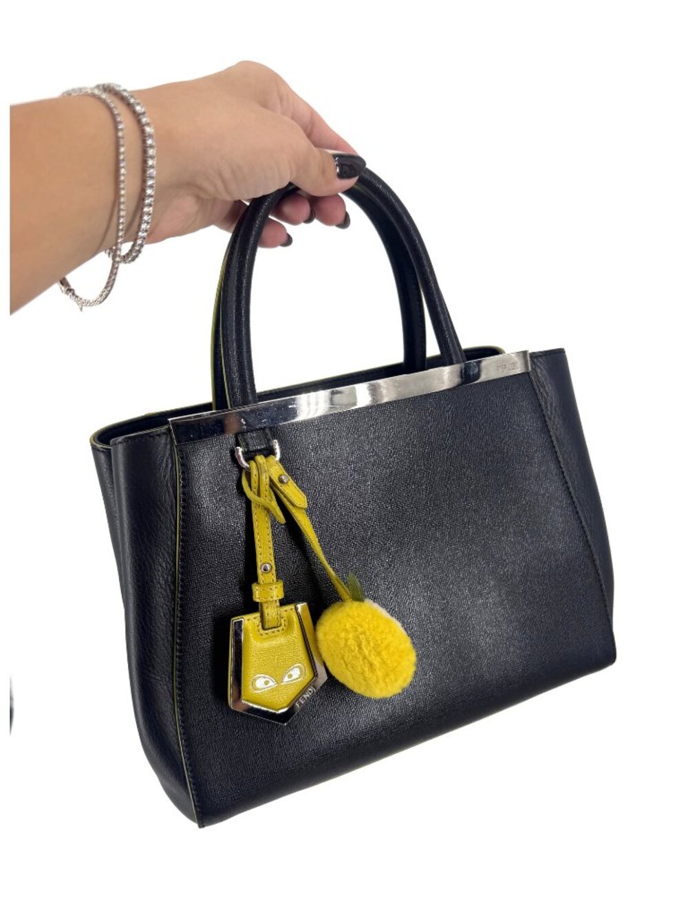 Fendi 2Jours Petite Black Leather Tote Yellow Edge Pom Charm